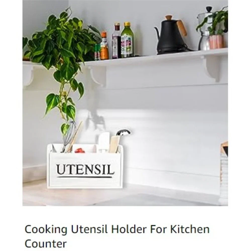 XL Farmhouse White Wooden Kitchen Utensil Holder - Cooking Utensil Organizer